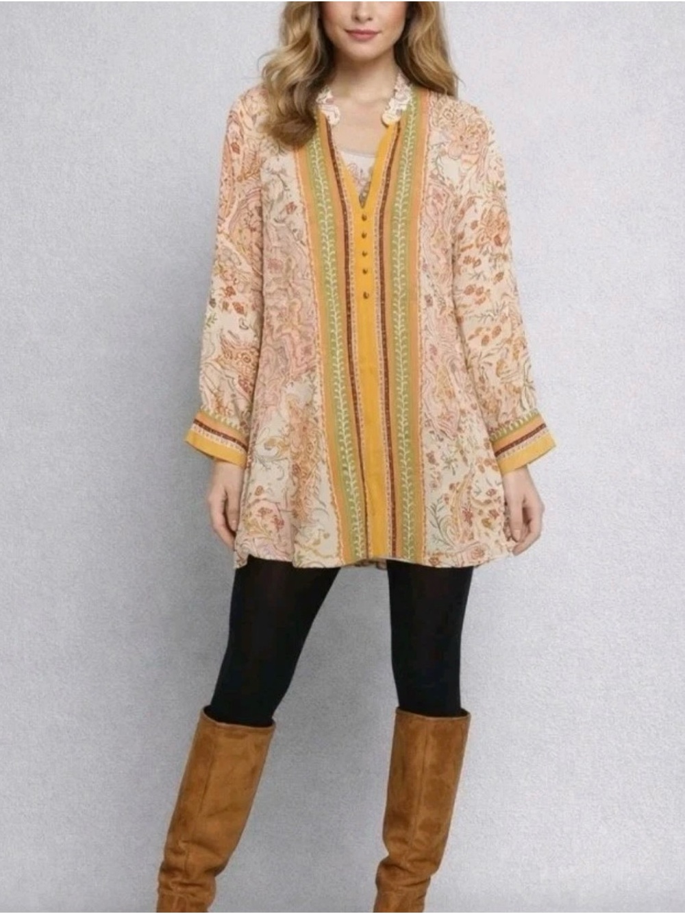 Zara Peach Paisley Tunic with Mustard Stripe Detail Long Sleeve Chiffon Size XS